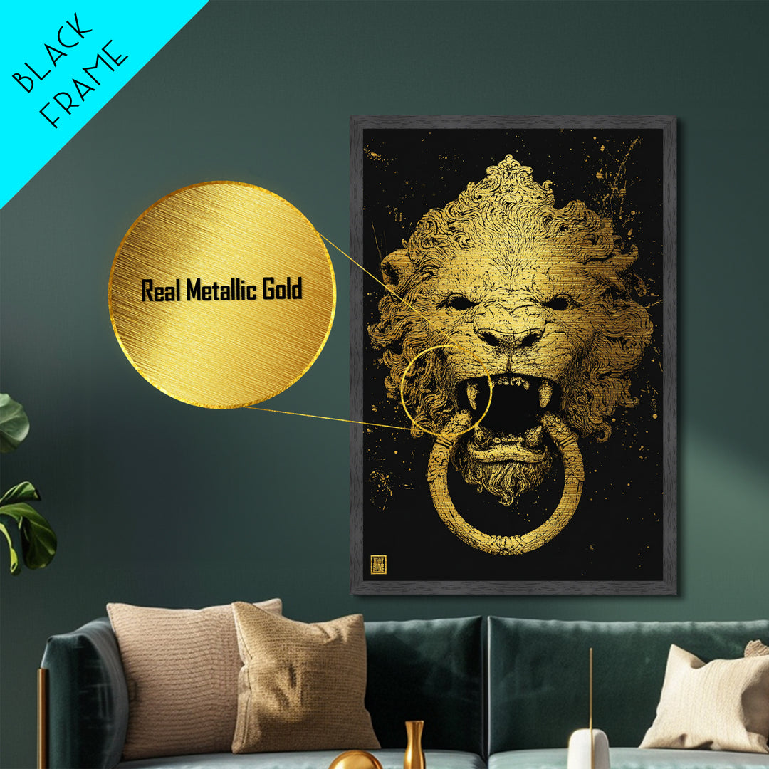 Aged Lion Door Knocker Metallic Gold Art Print with Real Wood Frame – Rustic Antique-Inspired Home Wall Art