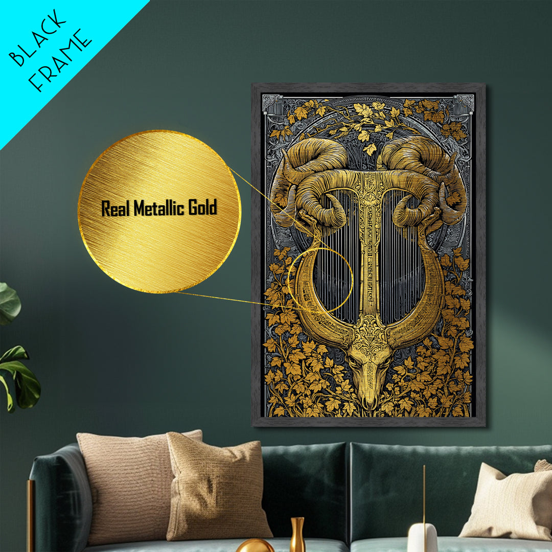 Ram Horn Lyre Metallic Gold Metal Print with Real Wood Frame – Mythic Musical Instrument Wall Decor