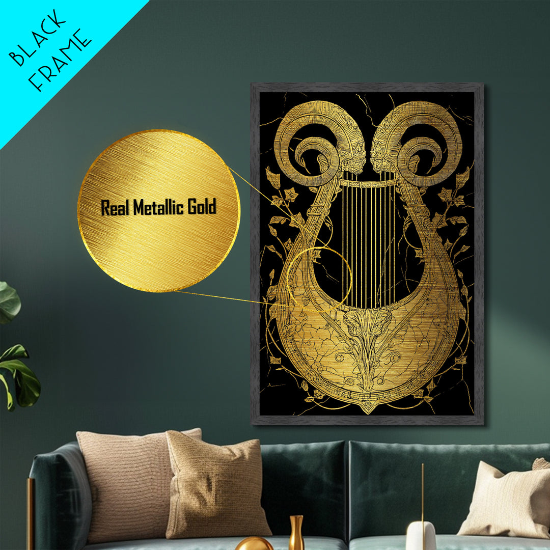Ancient Ram Horn Lyre Metallic Gold Art Print with Real Wood Frame – Classical Mythology Inspired Wall Art