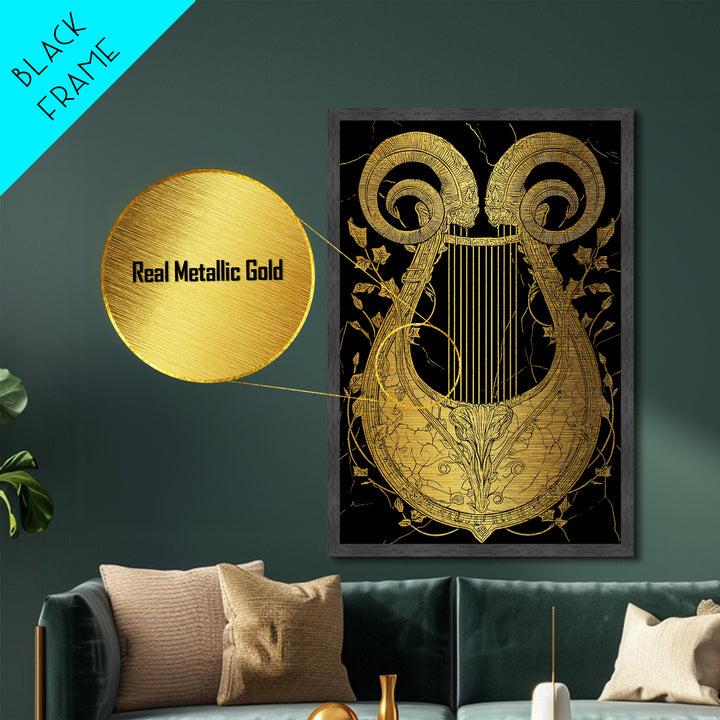 Ancient Ram Horn Lyre Metallic Gold Art Print with Real Wood Frame – Classical Mythology Inspired Wall Art