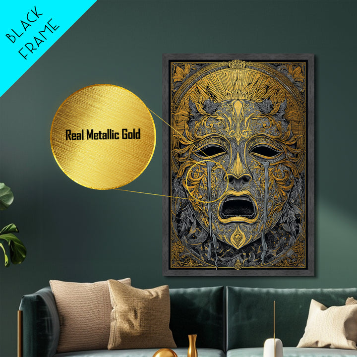 Crying Ornate Mask Metallic Gold Metal Print with Real Wood Frame – Dramatic Theatrical Inspired Wall Art