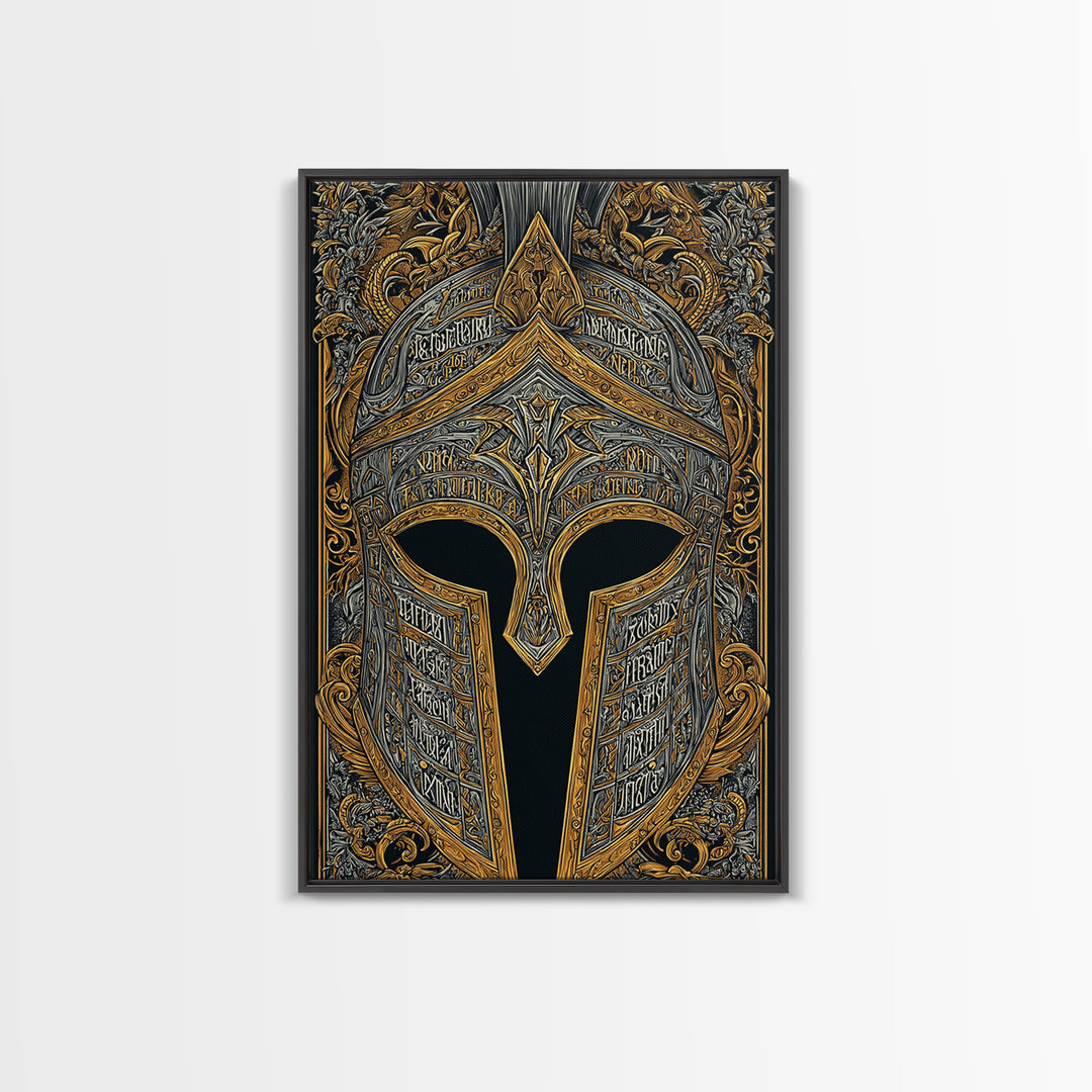 Fantasy Spartan Helmet with Dragon Ornament – Canvas Gold Art, Elaborate Canvas Art Print, Ancient Warrior Wall Decoration