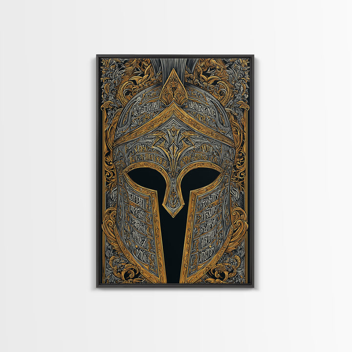 Fantasy Spartan Helmet with Dragon Ornament – Canvas Gold Art, Elaborate Canvas Art Print, Ancient Warrior Wall Decoration