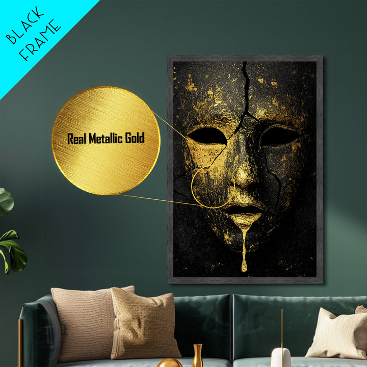Cracked Gold Mask Metallic Gold Metal Print with Real Wood Frame – Dark Dramatic Statement Wall Art