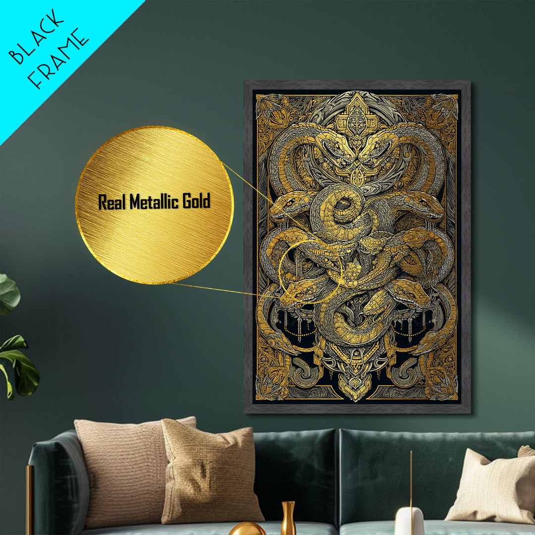 The Serpent Conclave – A Tangled Reign of Golden Scales, Metal Art, Metallic Gold Print, Metal Wall Art, Man Cave Decor