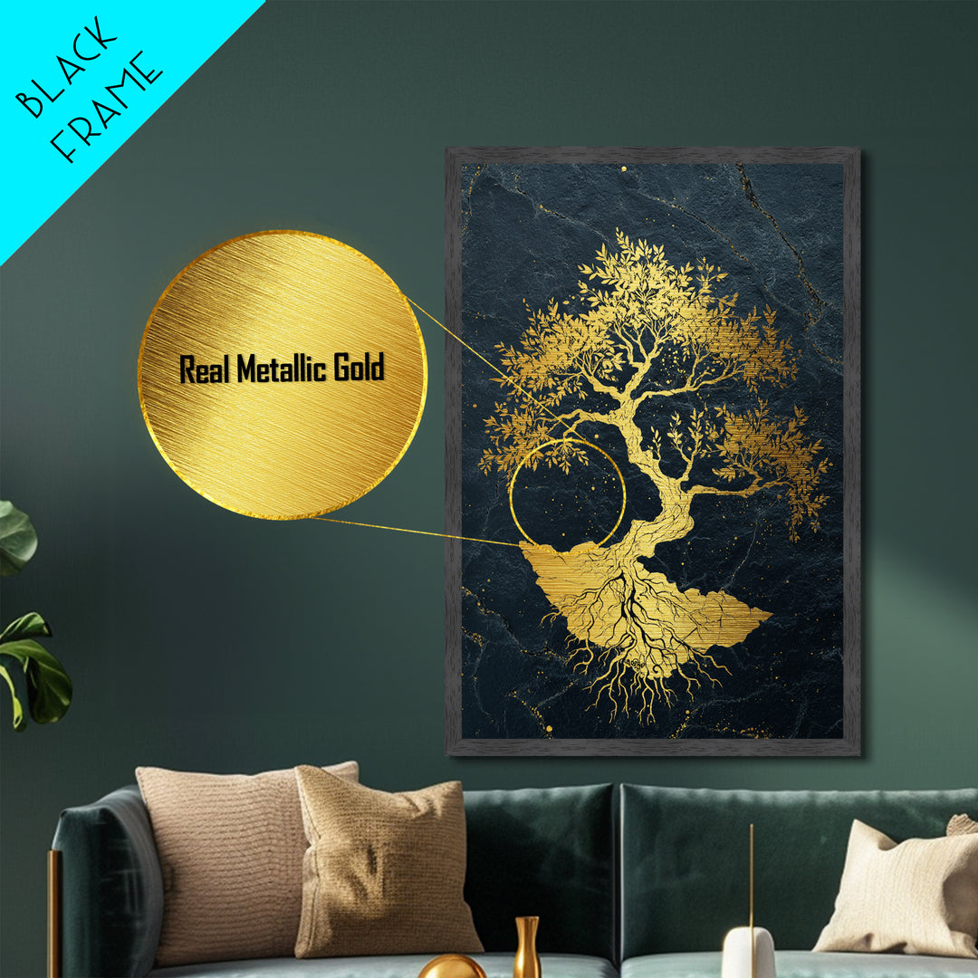 The Gilded Bonsai – Roots Anchored in Stone and Time, Metal Art, Metallic Gold Print, Metal Wall Art, Man Cave Decor