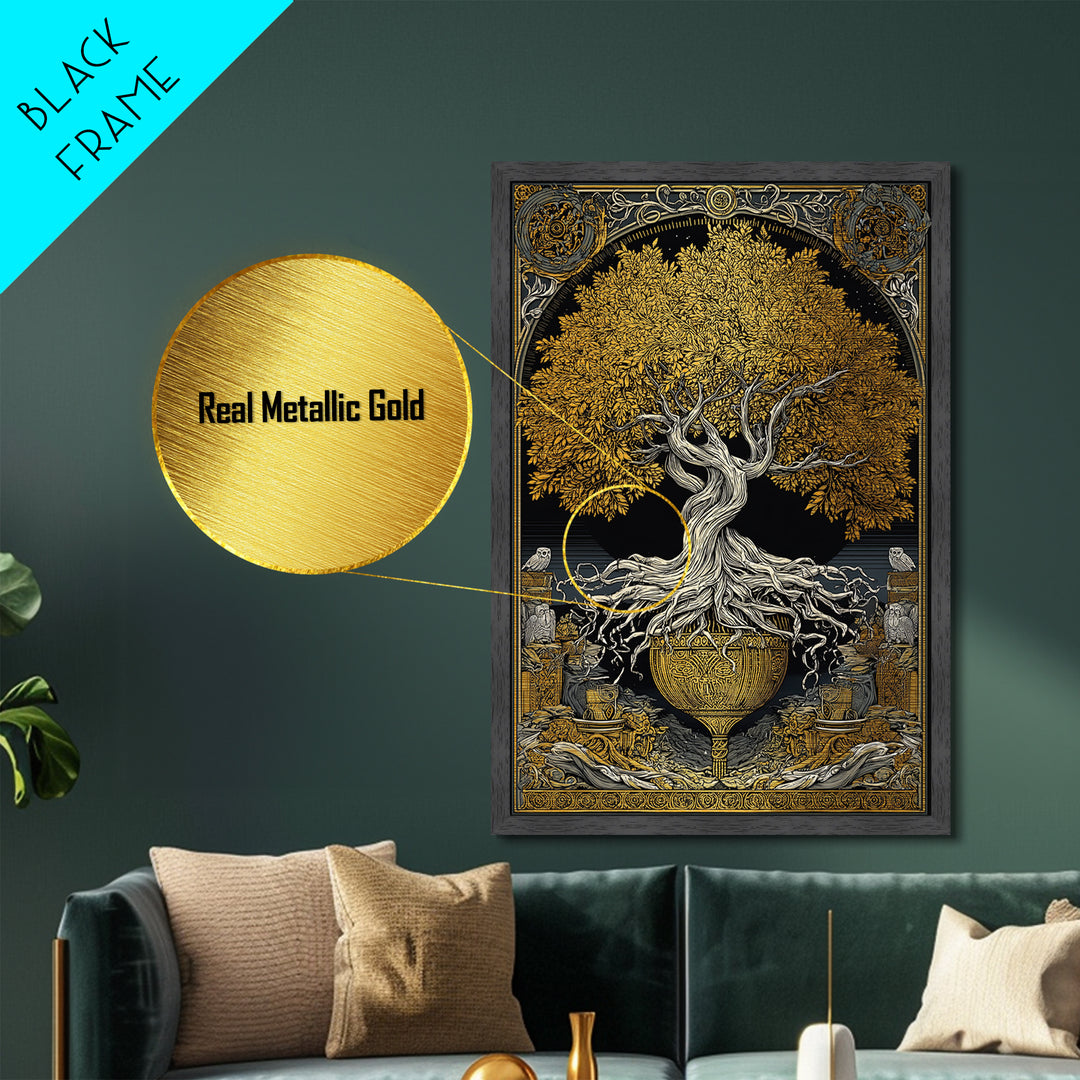 Yggdrasil’s Chalice – The Eternal Tree of Knowledge and Life, Metal Art, Metallic Gold Print, Metal Wall Art, Man Cave Decor