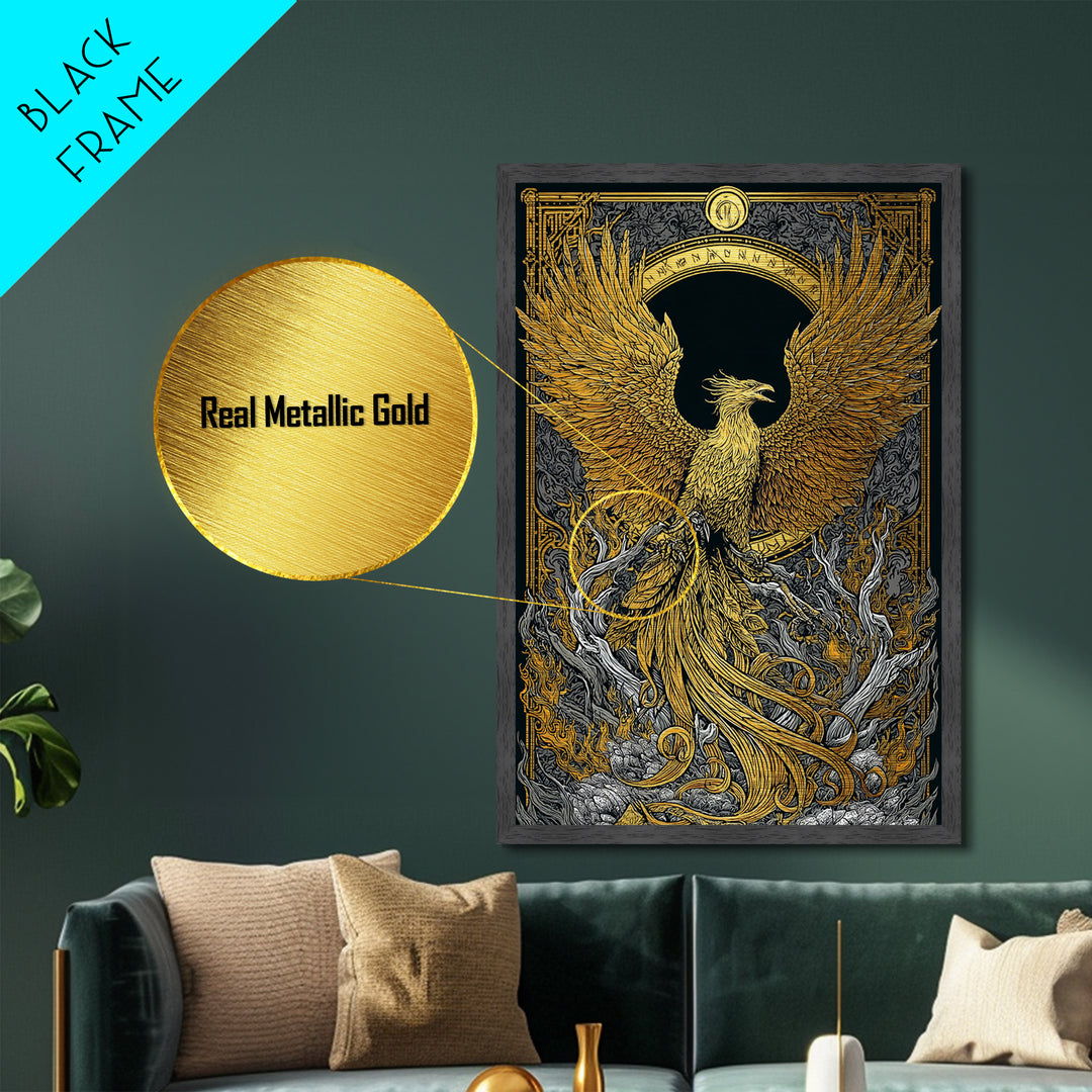 Phoenix Ascendant – Flames and Feathers of Rebirth, Metal Art, Metallic Gold Print, Metal Wall Art, Man Cave Decor