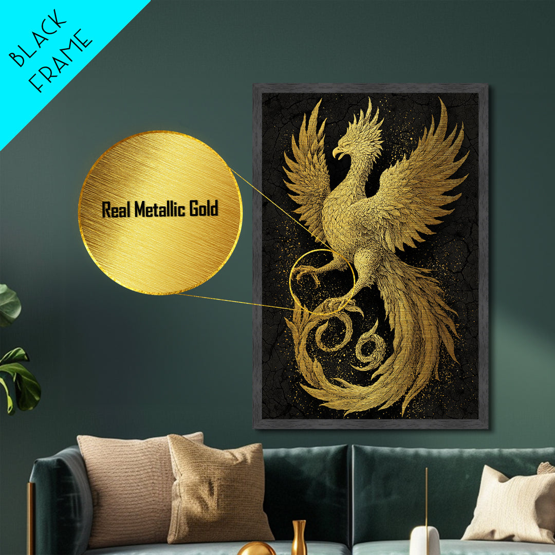 Golden Phoenix in Flight – A Herald of Renewal, Metal Art, Metallic Gold Print, Metal Wall Art, Man Cave Decor