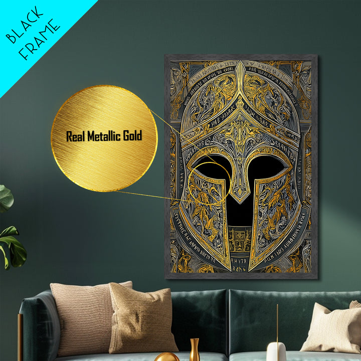 Fiery Engraved Spartan Helmet Wall Print – Metallic Gold Art, Lavish Historical Helmet Metal Art, Classic War Decor