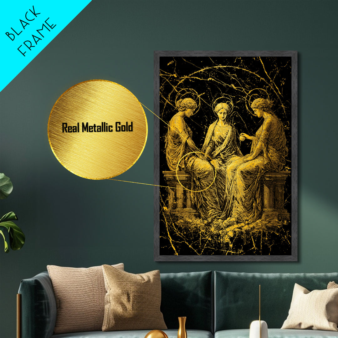 The Three Graces – Metallic Gold Metal Print – Greek Goddess Wall Art with Real Wood Frame for Elegant Classical Room Decor