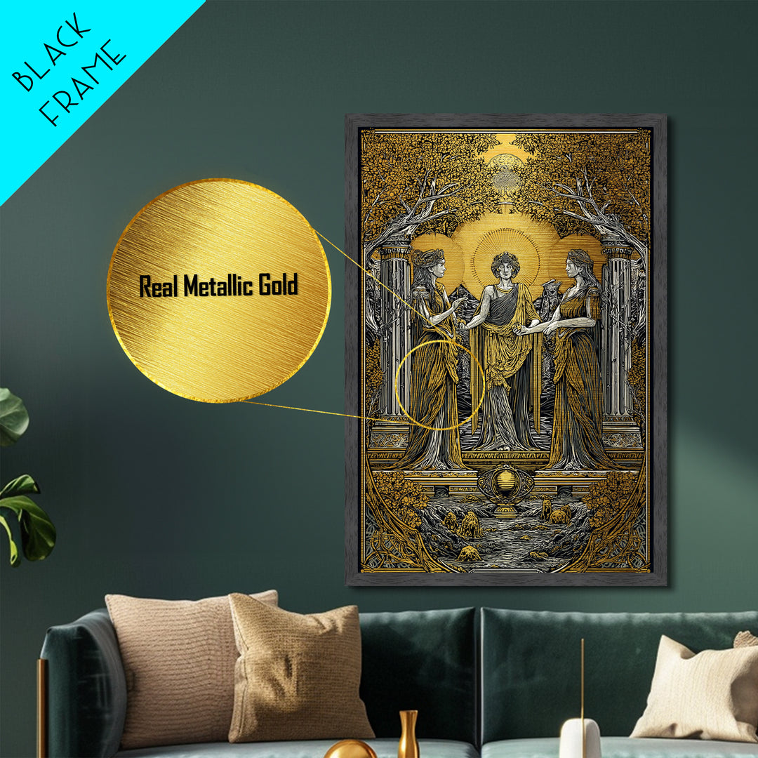 Greek Goddesses in Golden Garden – Metallic Gold Metal Print – Classical Mythology Wall Art with Real Wood Frame
