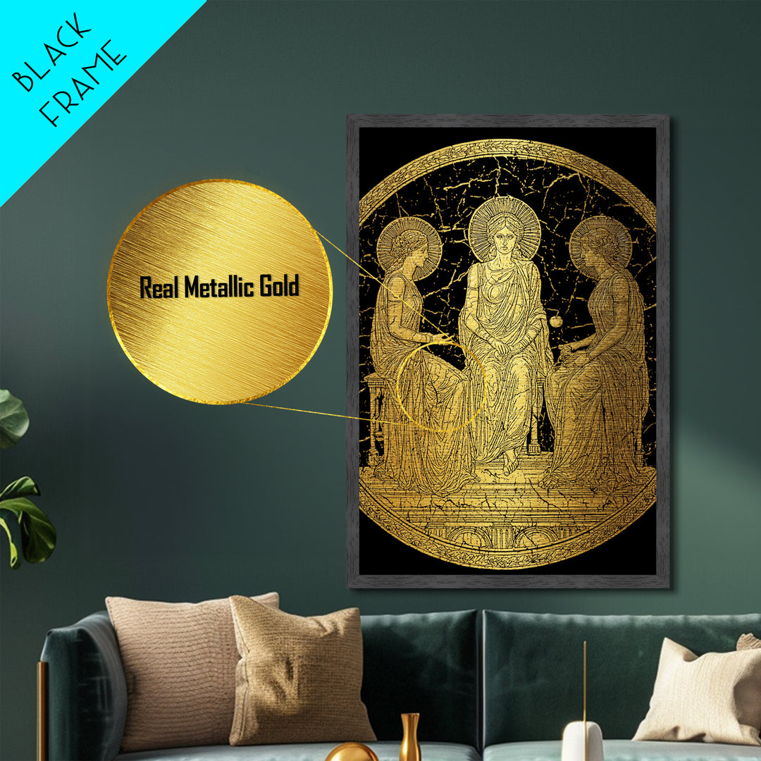 Golden Three Goddesses – Metallic Gold Metal Print – Classical Greek Wall Art with Real Wood Frame for Mythology Lovers