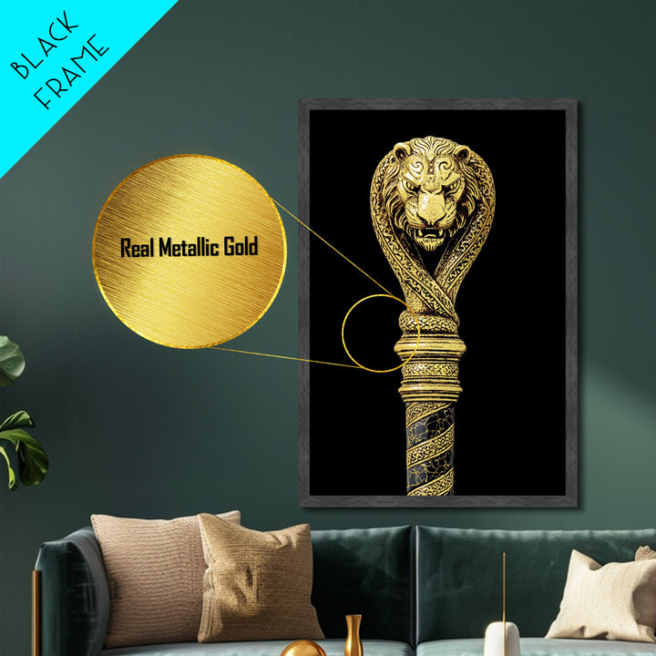 Lion and Serpent Staff Head – Metallic Gold Metal Print – Ancient Weapon Design Art with Real Wood Frame for Bold Wall Decor