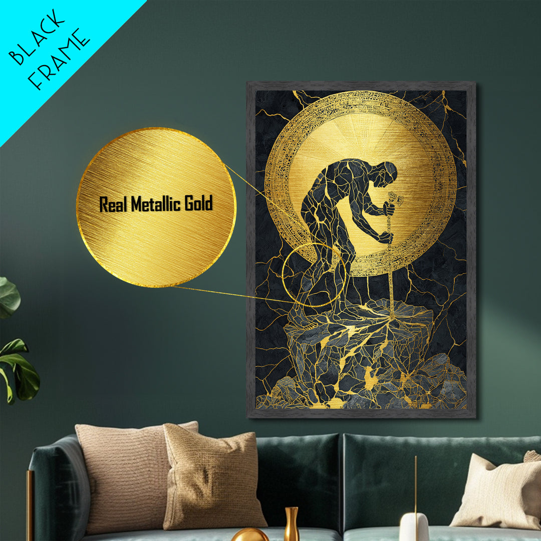 Man with Sword and Sun – Metallic Gold Metal Print – Heroic Mythology Wall Art with Real Wood Frame for Powerful Home Accent