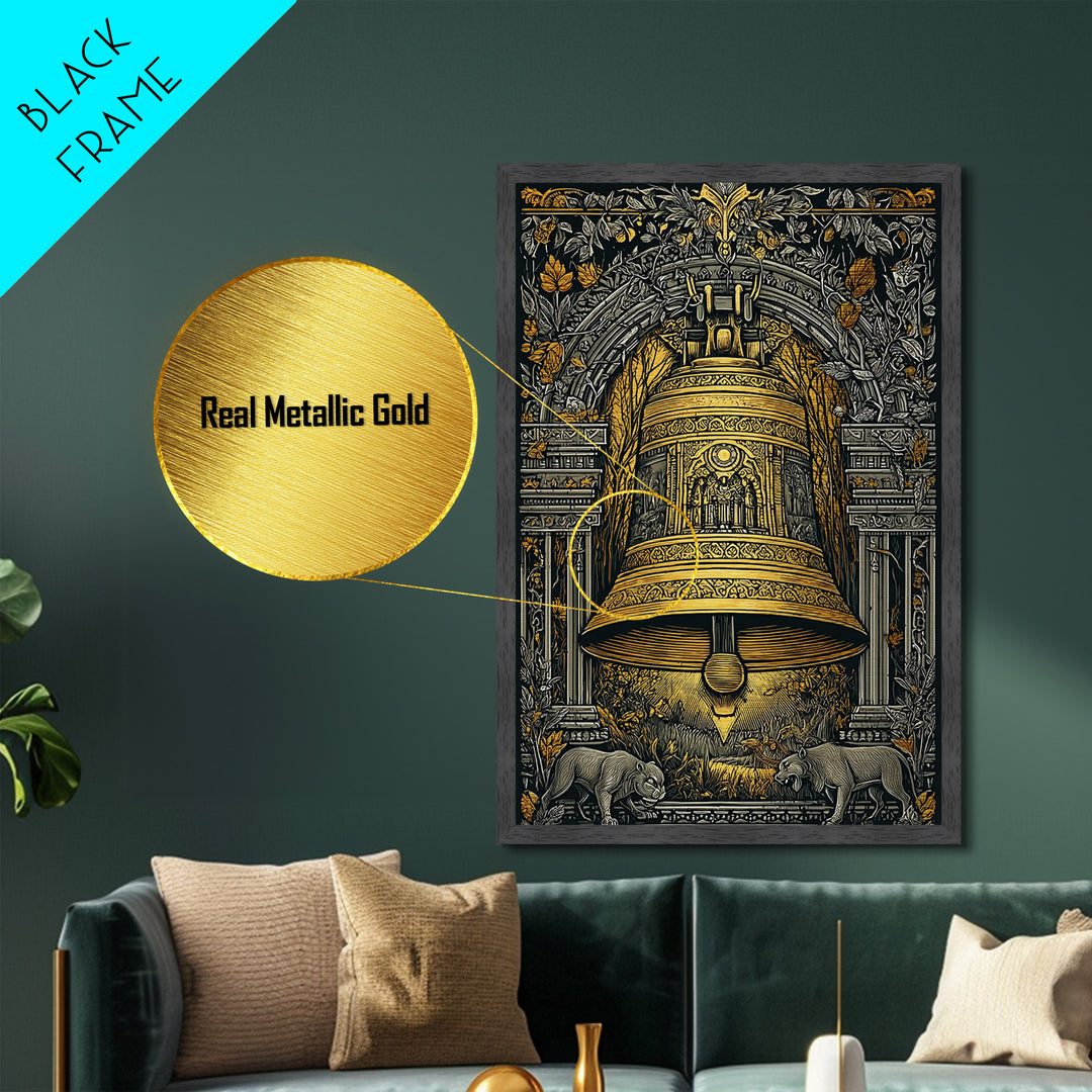 Ornate Golden Bell with Wolves – Metallic Gold Metal Print – Fantasy Architectural Wall Art with Real Wood Frame