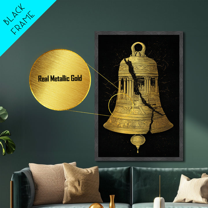 Cracked Temple Bell – Metallic Gold Metal Print – Ancient Ruins Wall Art with Real Wood Frame for History and Myth Lovers