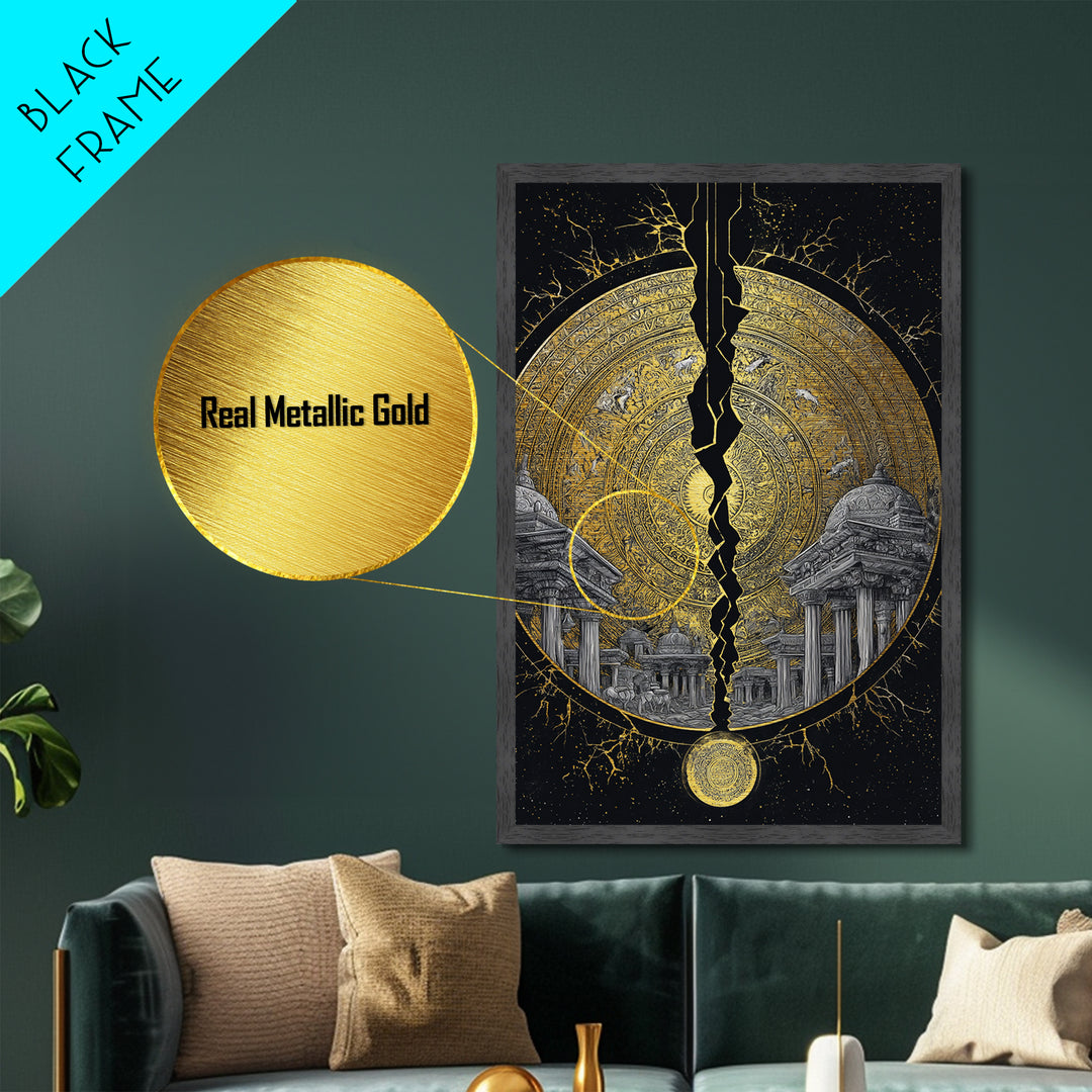 Cracked Golden Mandala Temple – Metallic Gold Metal Print – Intricate Ancient Architecture Wall Art with Real Wood Frame