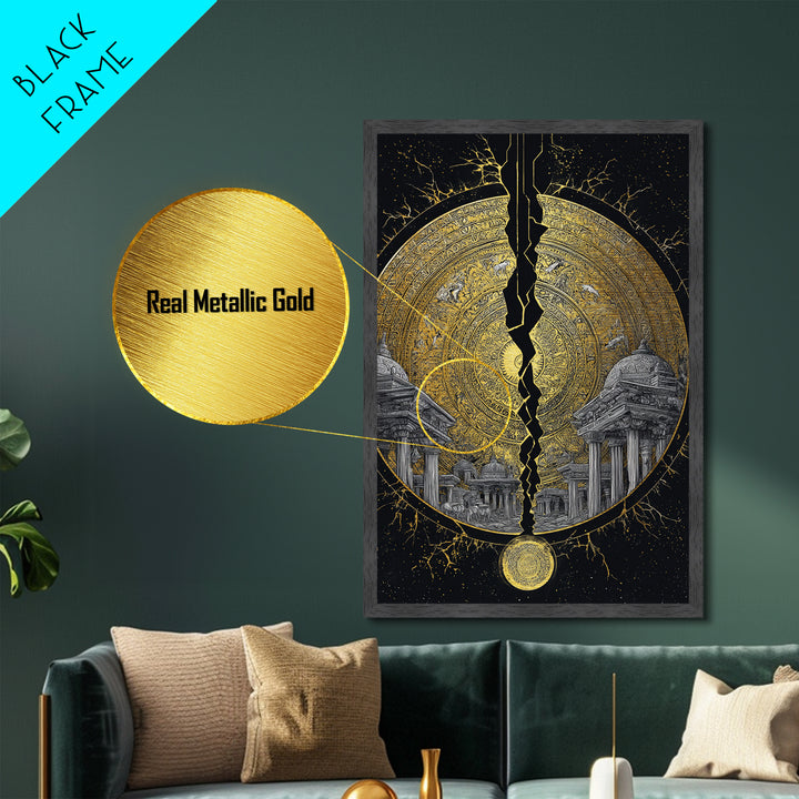 Cracked Golden Mandala Temple – Metallic Gold Metal Print – Intricate Ancient Architecture Wall Art with Real Wood Frame