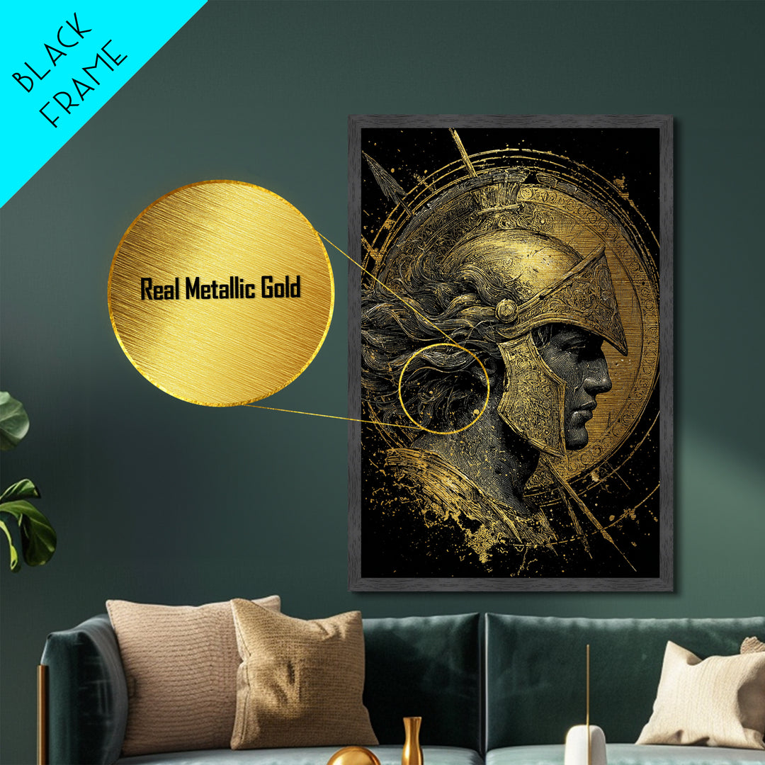 Greek Warrior Profile, Metallic Gold Metal Print, Ancient Mythology Wall Art, Real Wood Frame Decor, Luxury Hero Artwork