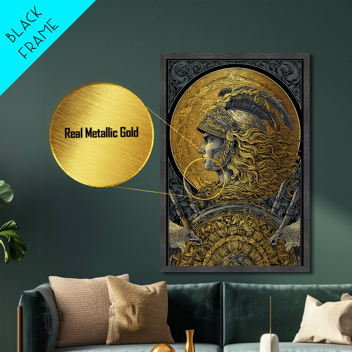 Athena Greek Goddess, Metallic Gold Art, Warrior Helmet Metal Print, Real Wood Frame Decor, Ancient Mythology Wall Artwork