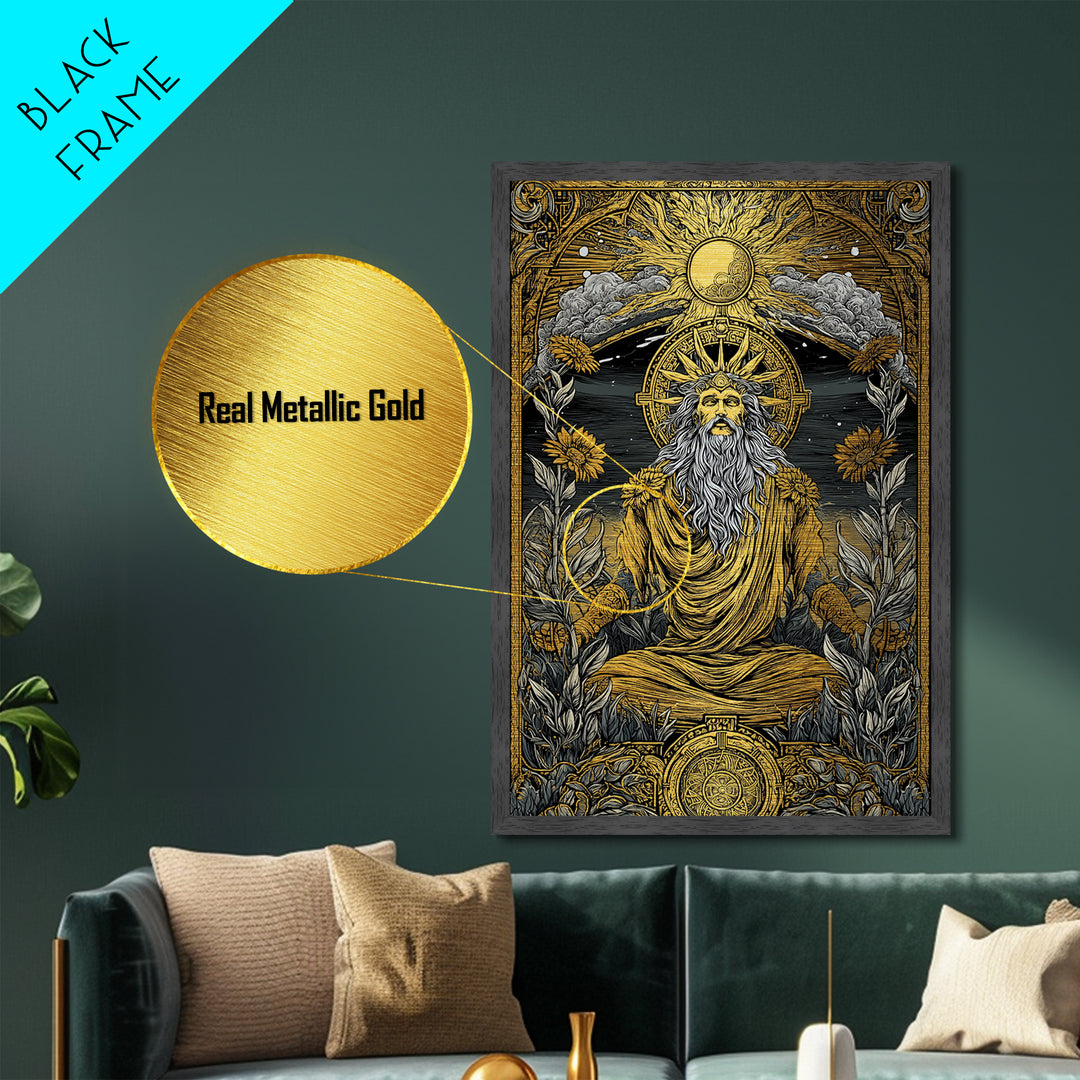 Greek Sun God Illustration, Metallic Gold Metal Print, Mythology Wall Art, Real Wood Frame Decor, Luxury Ancient Artwork