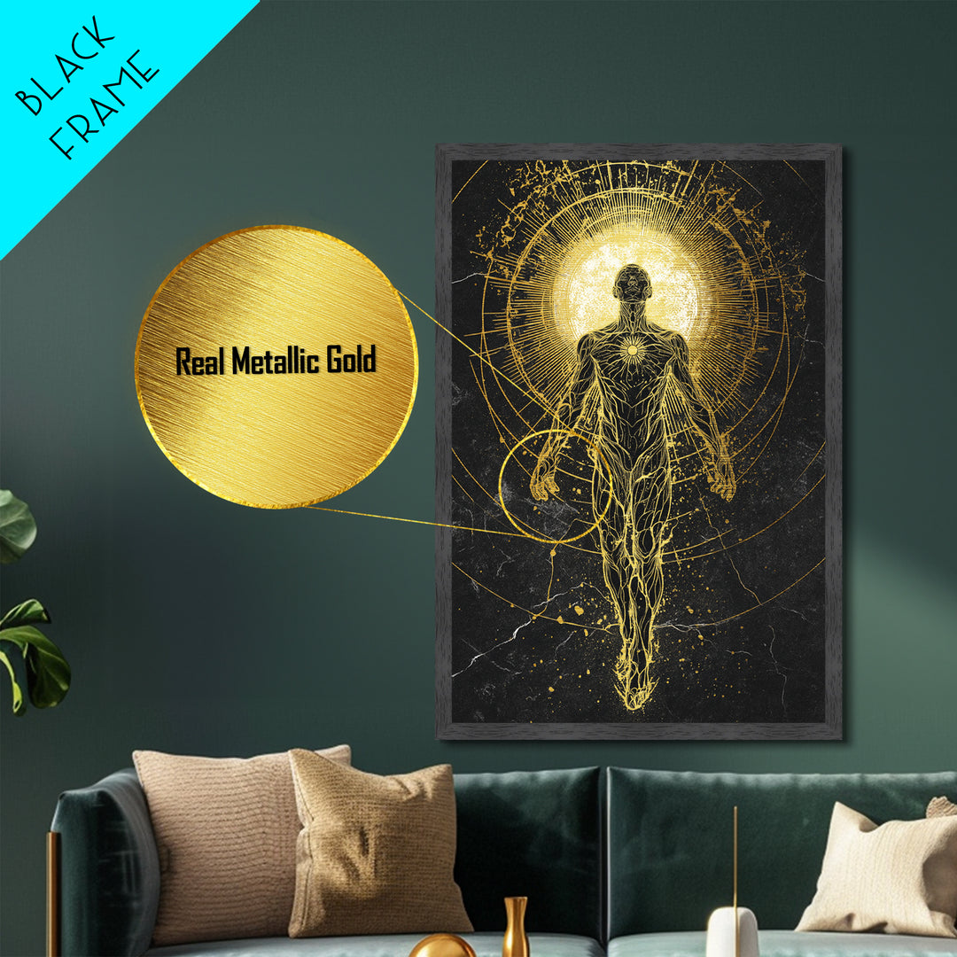 Divine Ascension Figure, Metallic Gold Art, Mythology Wall Print, Real Wood Frame Decor, Ancient Greek Inspired Metal Artwork