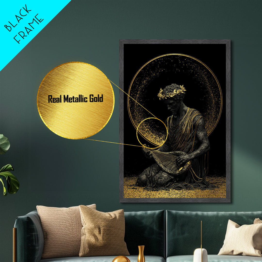 Apollo God Of Music Metallic Gold Metal Print, Greek Mythology Art With Lyre, Real Wood Framed Classical Decorative Wall Art