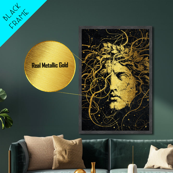 Apollo Greek Statue Metallic Gold Metal Print, Mythological Music And Light Inspired Art, Real Wood Framed Wall Decoration