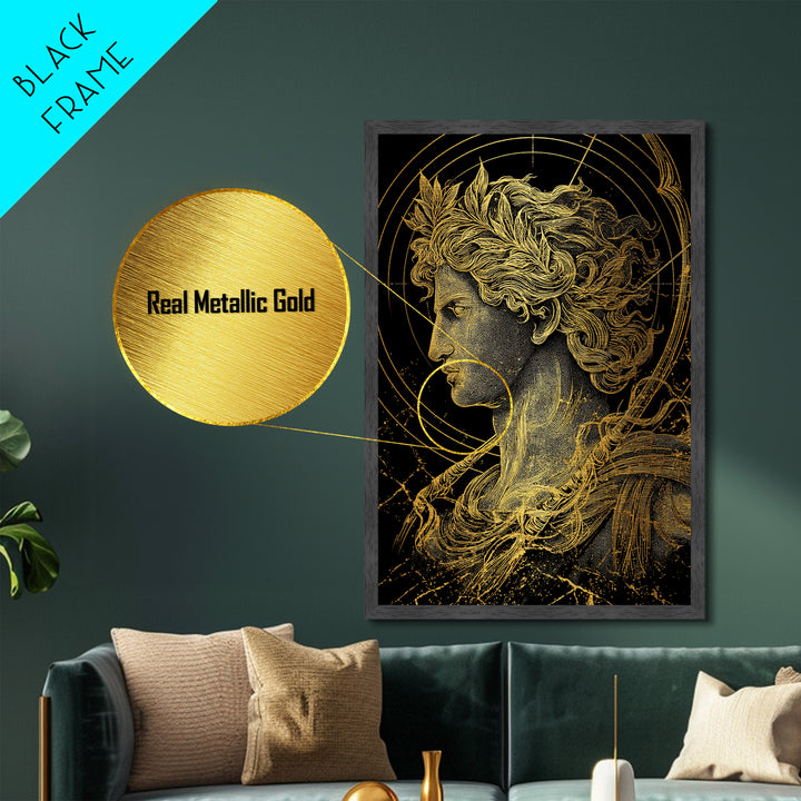 Apollo God Of Light Metallic Gold Metal Print, Classical Greek Mythology Artwork, Real Wood Frame Decorative Ancient Wall Art