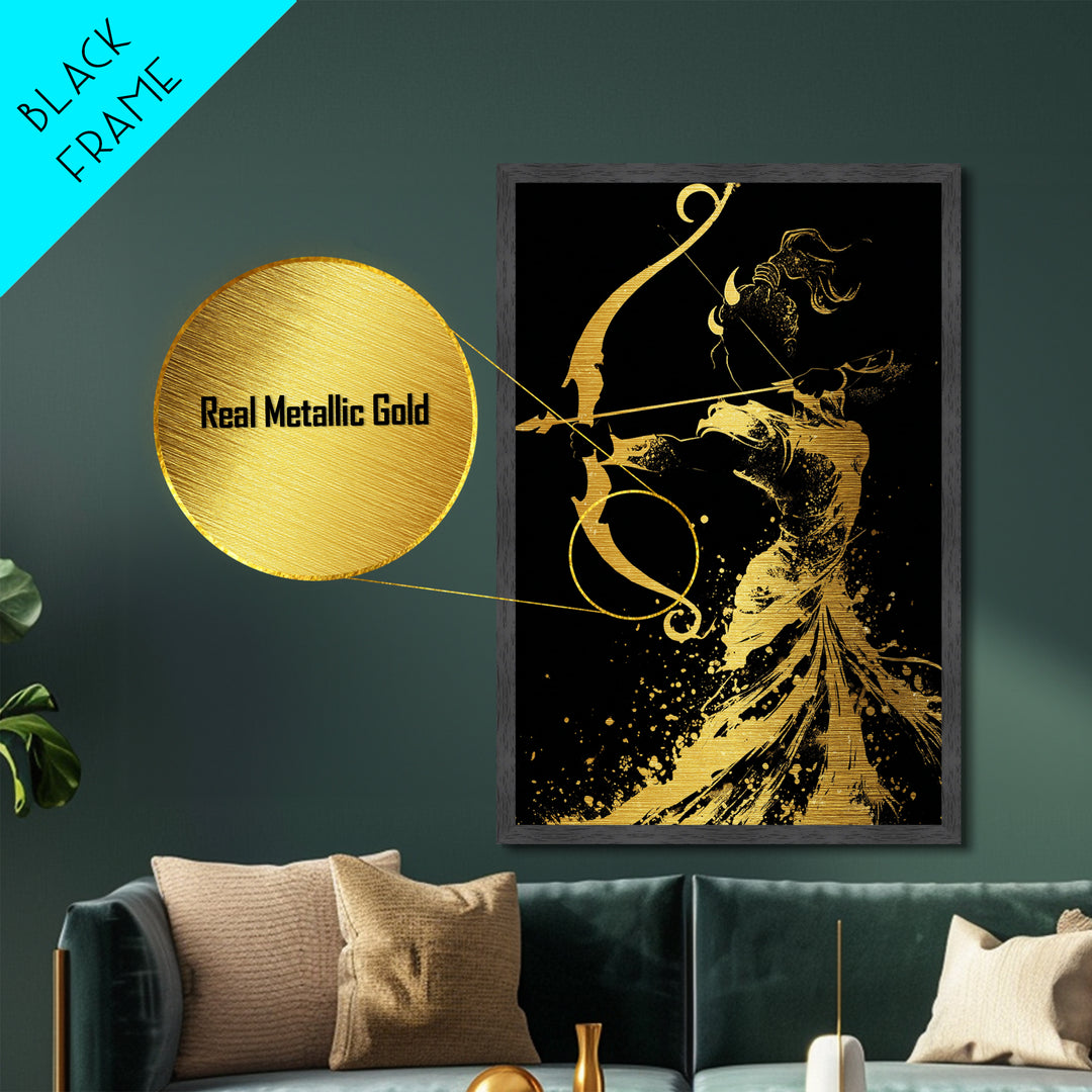 Artemis Goddess Metallic Gold Metal Print, Greek Mythology Archer Huntress Artwork, Real Wood Framed Ancient Decorative Wall Art
