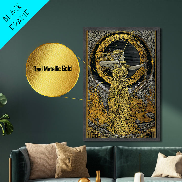 Artemis Greek Goddess Metallic Gold Metal Print, Bow And Arrow Mythology Inspired Artwork, Real Wood Frame Decorative Wall Art