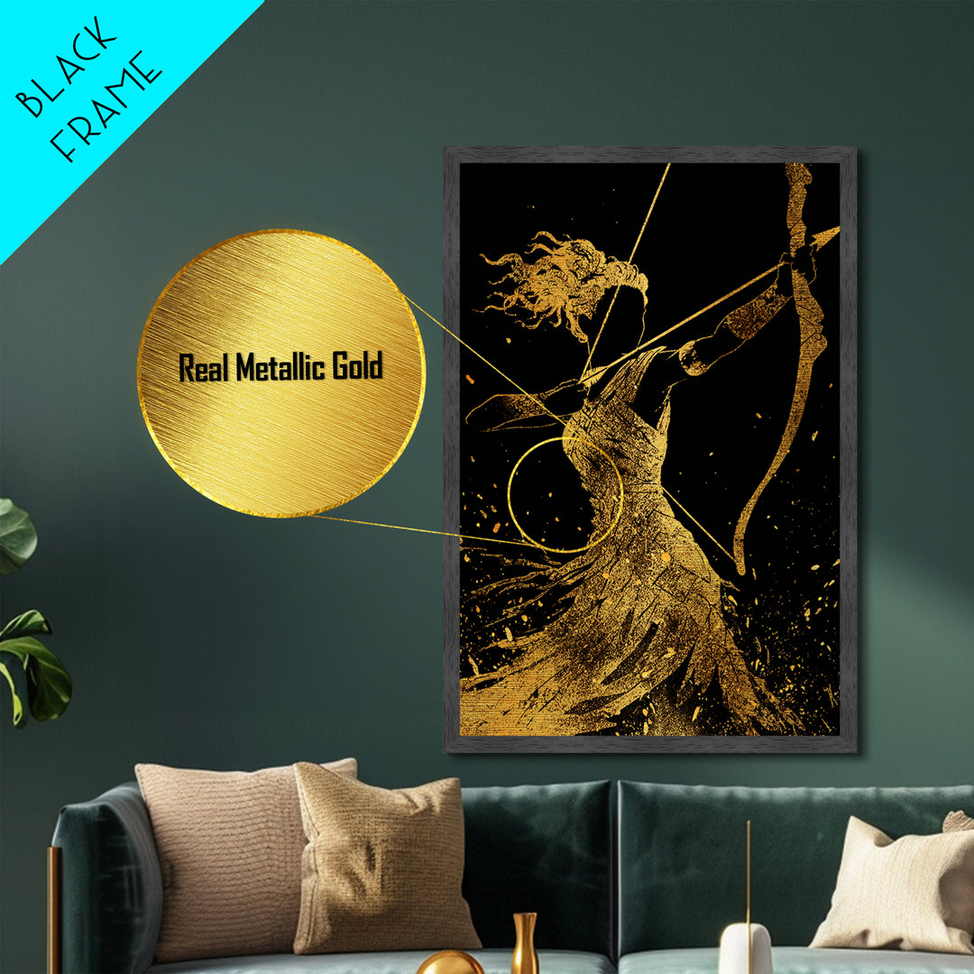 Artemis Archer Goddess Mythology, Metallic Gold Metal Print, Real Wood Frame, Greek Myth Wall Art, Celestial Home Decor