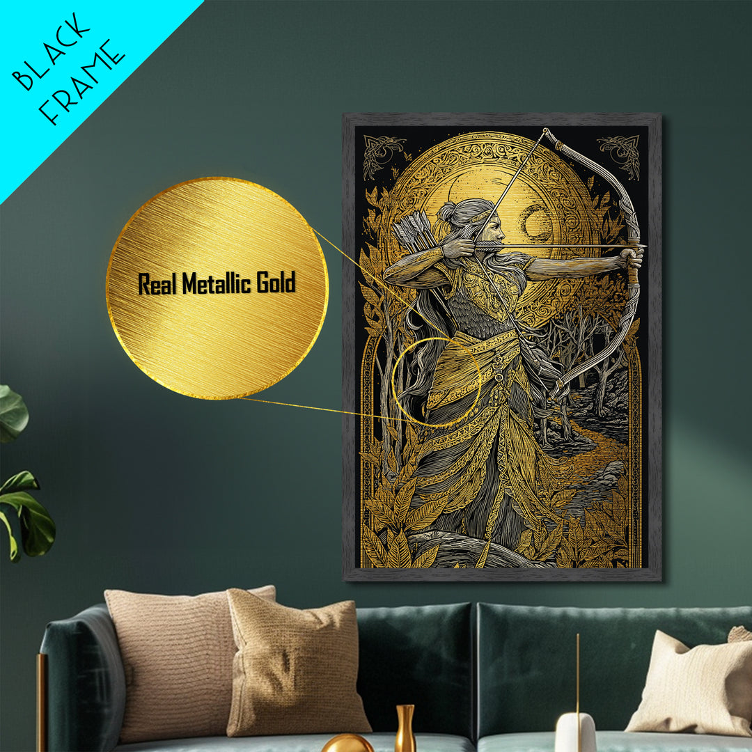 Artemis Moonlit Huntress With Bow, Metallic Gold Art, Real Wood Framed Print, Greek Goddess Wall Decor, Mythology Artwork