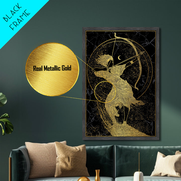 Divine Archer Artemis Illustration, Metallic Gold Metal Print, Real Wood Frame, Greek Goddess Wall Hanging, Myth Art Decor