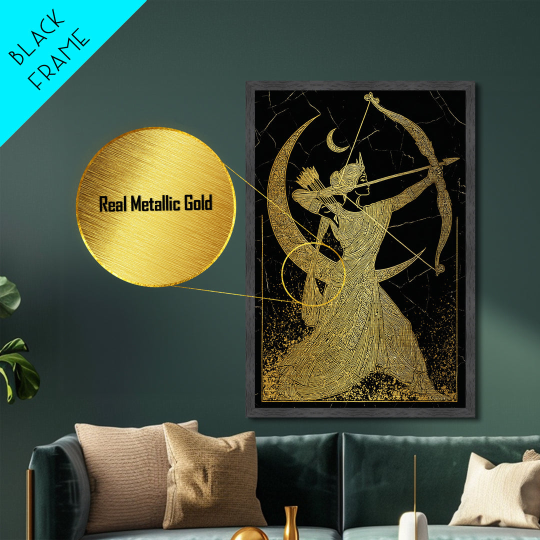 Artemis Lunar Goddess Archery Scene, Metallic Gold Art Print, Real Wood Frame, Mythology Wall Art, Elegant Greek Decor