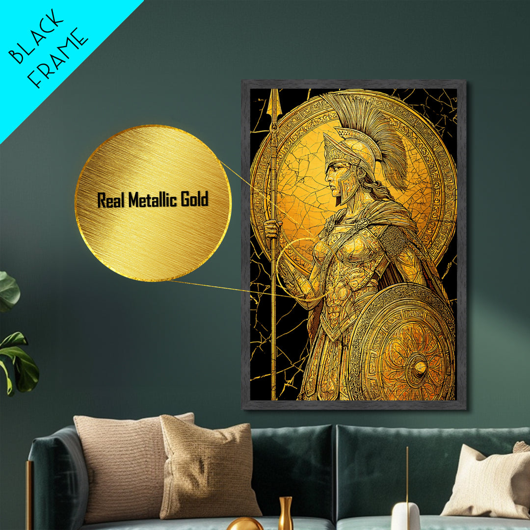 Athena Warrior Goddess With Spear And Shield, Metallic Gold Metal Print, Real Wood Frame, Greek Myth Wall Art, Strength Decor