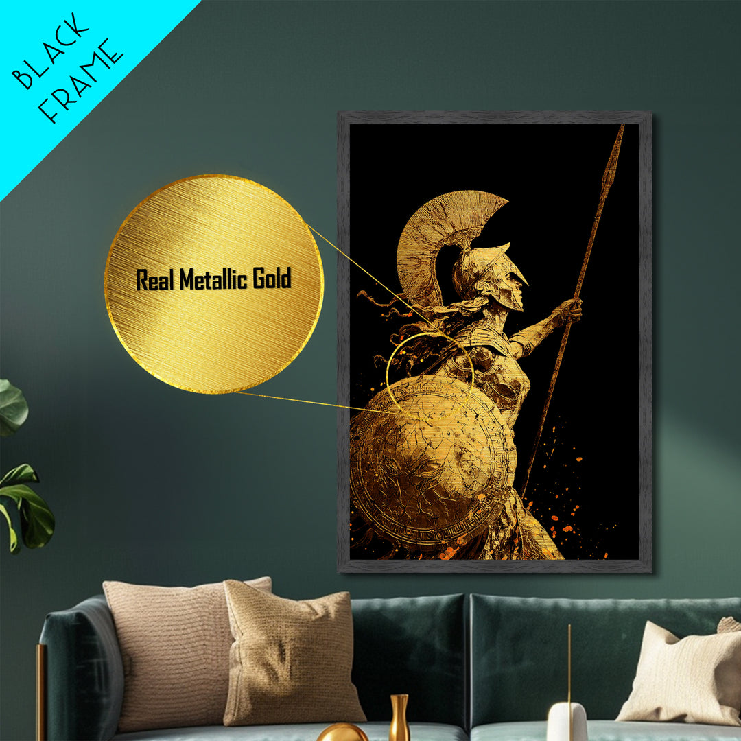 Athena Warrior Goddess With Spear And Shield, Metallic Gold Metal Print, Real Wood Frame, Greek Mythology Wall Art