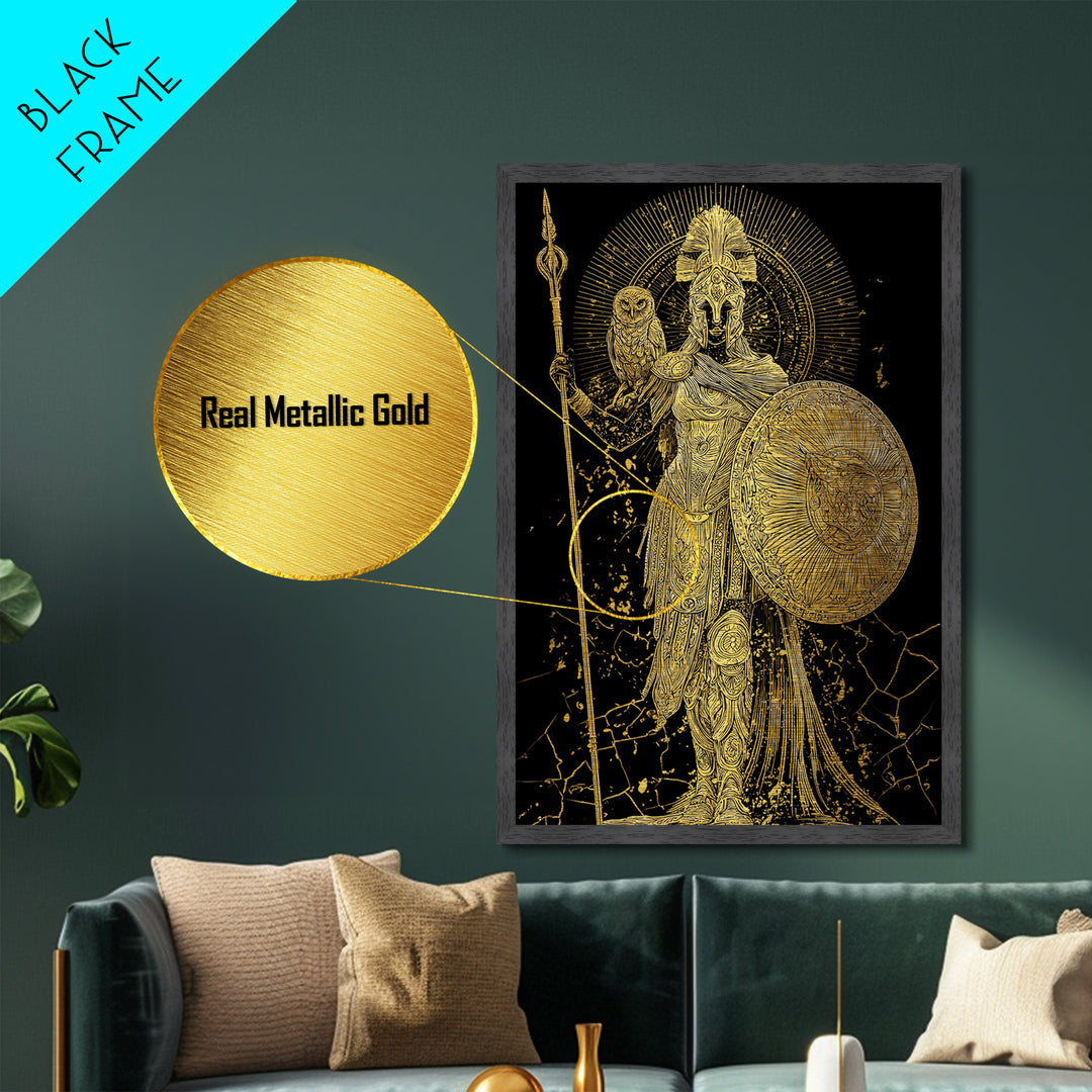 Athena With Owl And Shield Of Wisdom, Metallic Gold Art Print, Real Wood Frame, Ancient Greek Mythology Warrior Decor