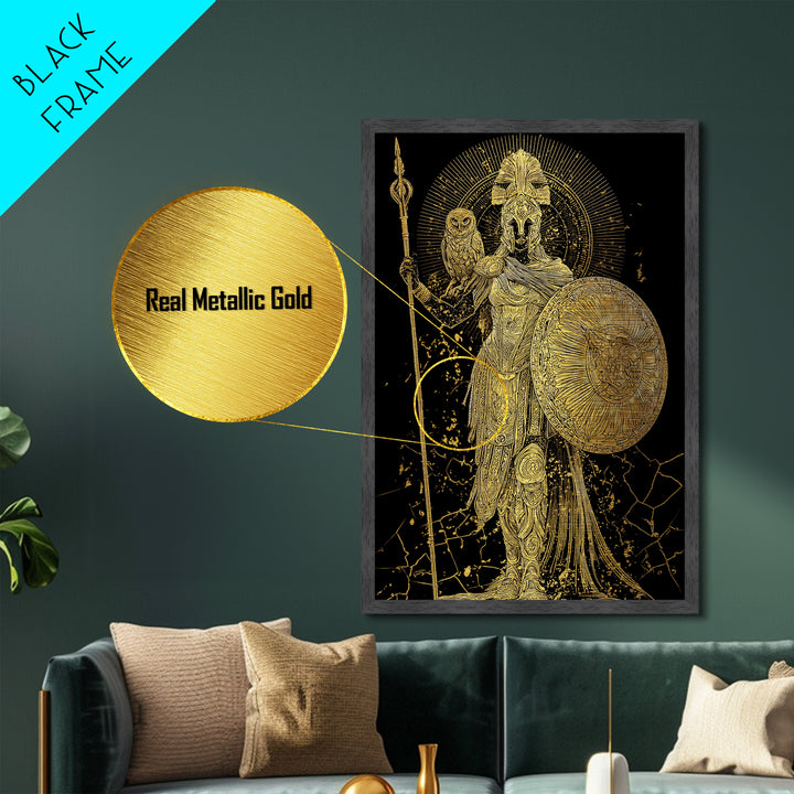 Athena With Owl And Shield Of Wisdom, Metallic Gold Art Print, Real Wood Frame, Ancient Greek Mythology Warrior Decor