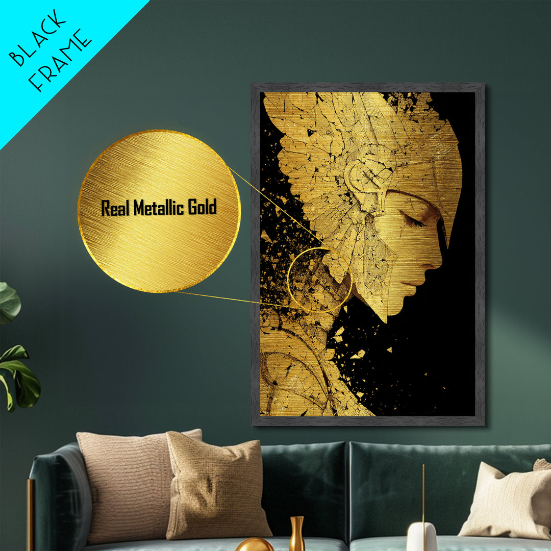 Athena Close Up Portrait In Armor, Metallic Gold Metal Print, Real Wood Frame, Greek Goddess Warrior Mythology Wall Art