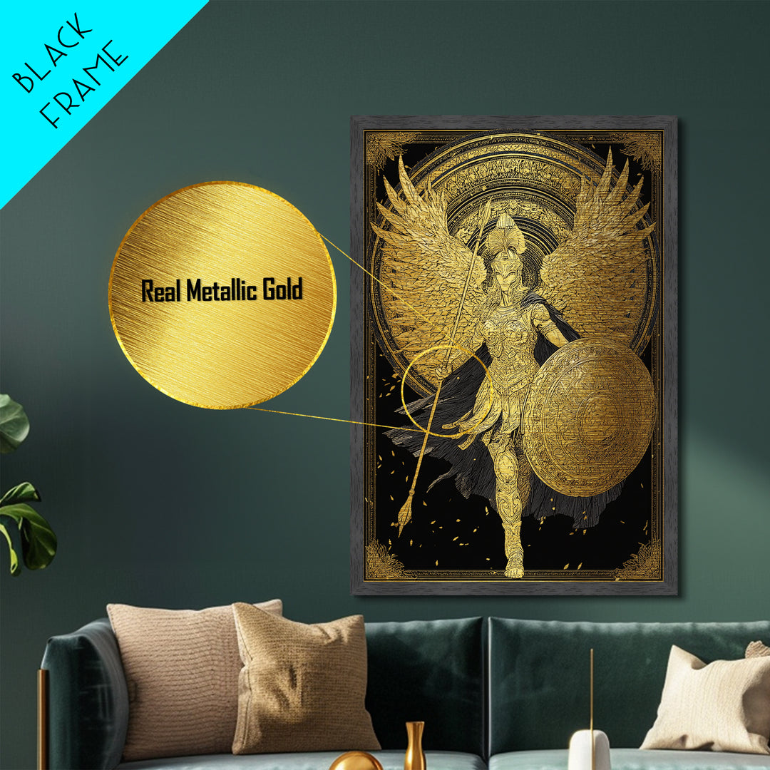 Athena Winged Warrior Goddess With Shield, Metallic Gold Art Print, Real Wood Frame, Greek Mythology Goddess Wall Decor