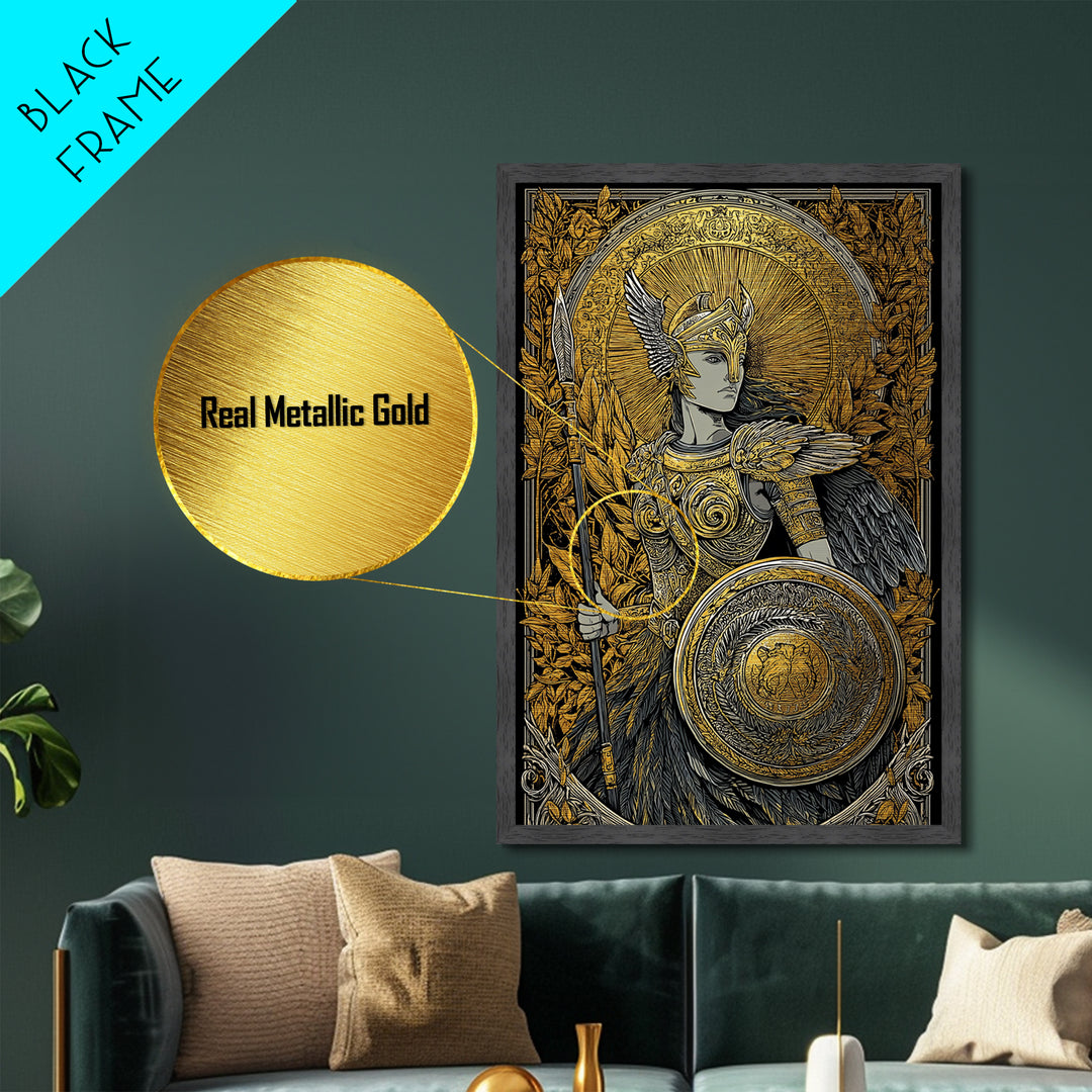 Athena Goddess Of Wisdom With Spear, Metallic Gold Metal Print, Real Wood Frame, Greek Mythology Warrior Goddess Art