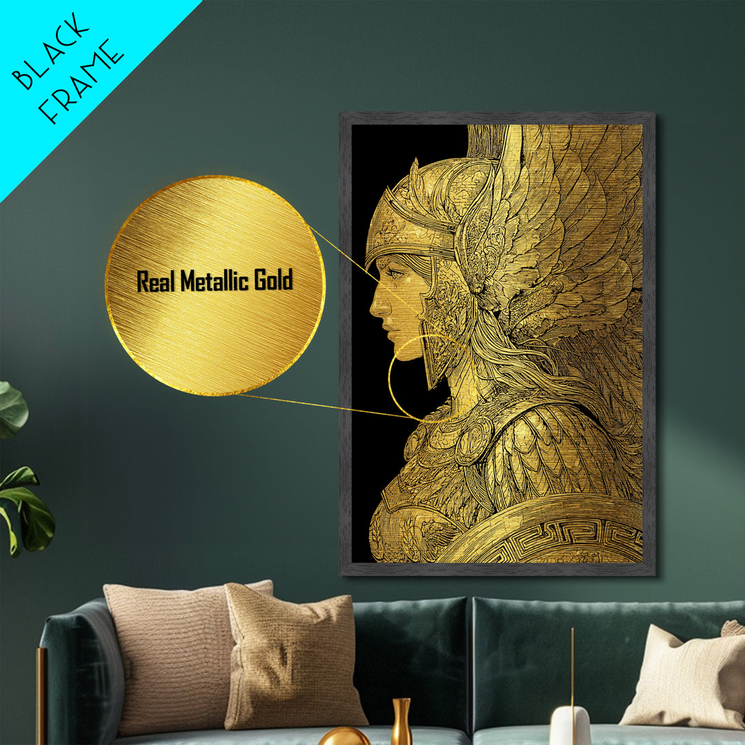 Athena Warrior Goddess Profile With Wings, Metallic Gold Art Print, Real Wood Frame, Greek Mythology Goddess Wall Art