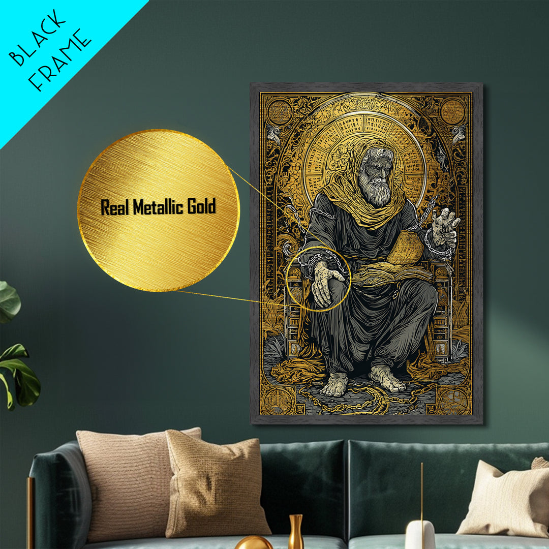 Boethius Philosopher With Ancient Manuscript, Metallic Gold Metal Print, Real Wood Frame, Medieval Wisdom Wall Decor