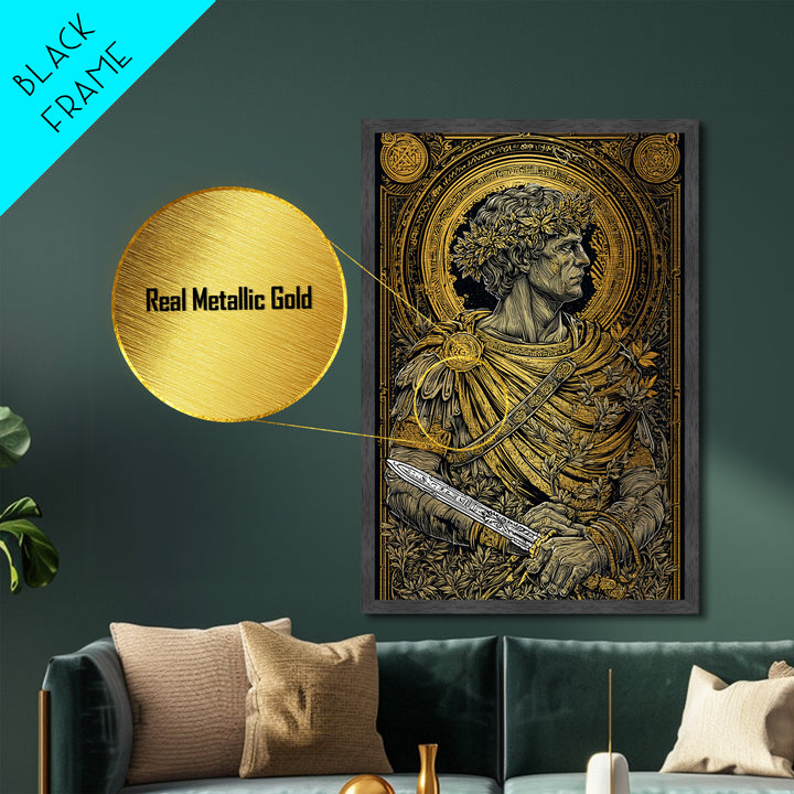 Brutus Stoic Roman General With Sword, Metallic Gold Metal Print, Real Wood Frame, Ancient Roman History Philosopher Art