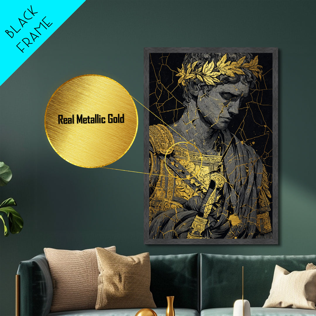 Roman Emperor Bust With Laurel Crown, Metallic Gold Metal Print, Classical Sculpture Wall Art, Real Wood Frame Home Decor