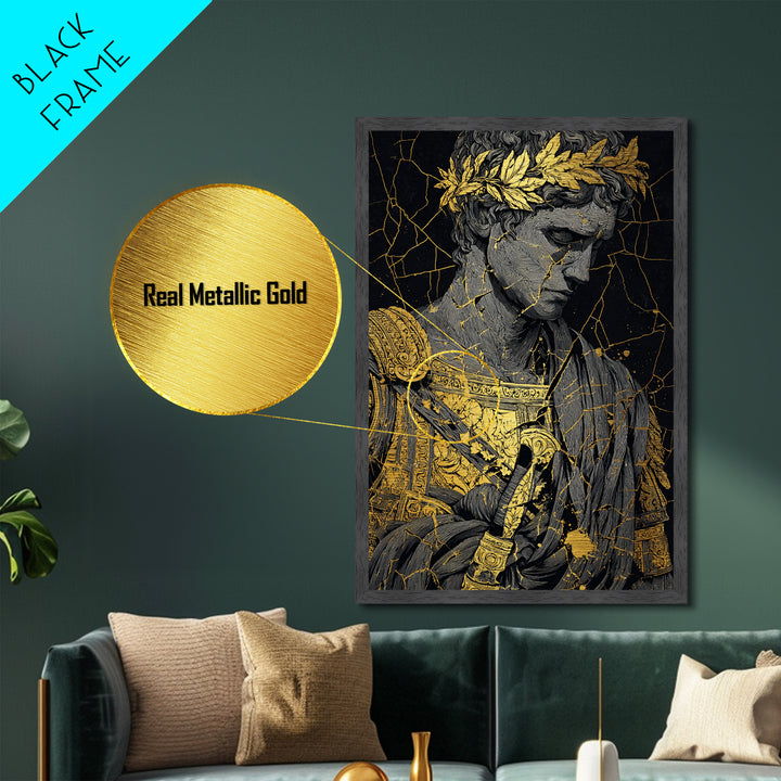 Roman Emperor Bust With Laurel Crown, Metallic Gold Metal Print, Classical Sculpture Wall Art, Real Wood Frame Home Decor