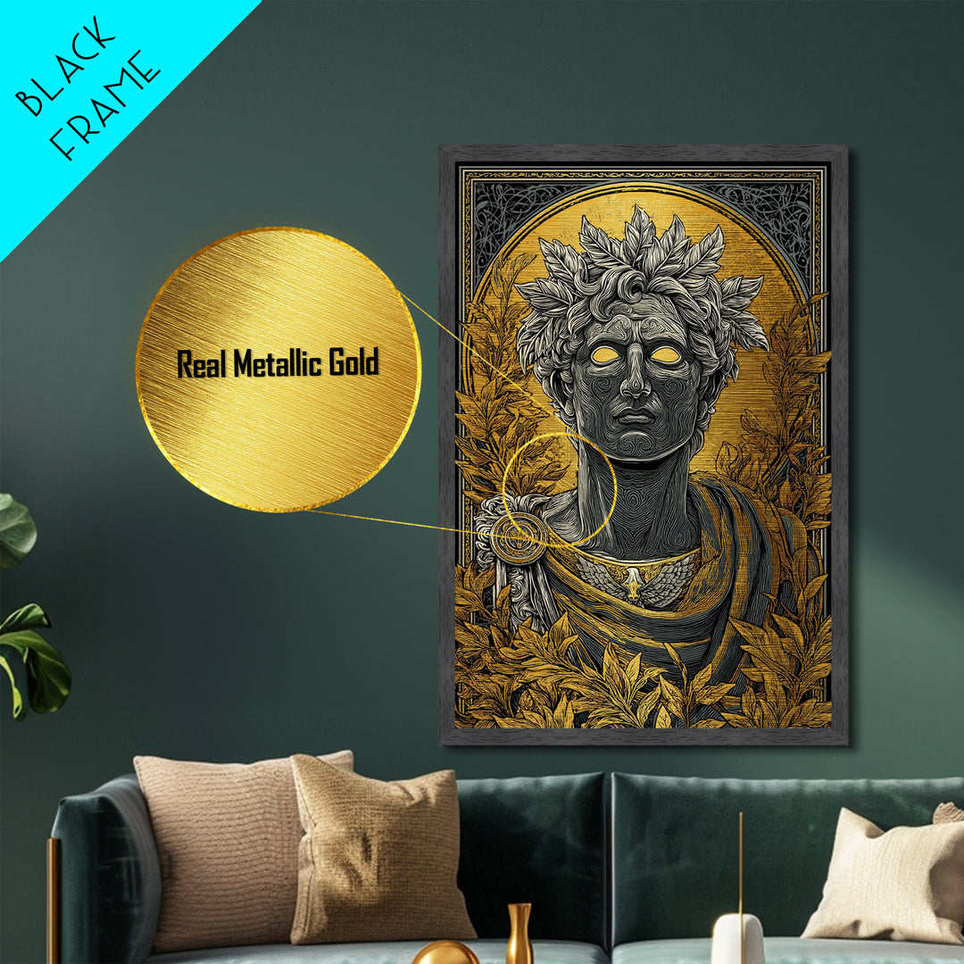 Apollo God Bust Surrounded By Laurel Leaves, Metallic Gold Art Print, Greek Mythology Wall Decor, Real Wood Frame Artwork