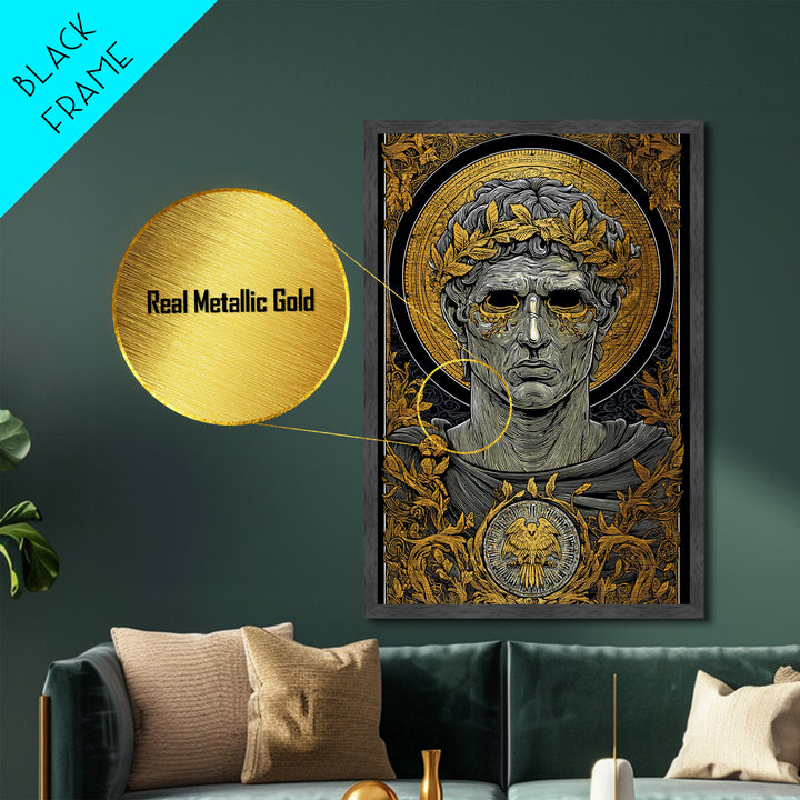 Caesar Inspired Roman Bust, Metallic Gold Metal Print, Ancient Rome Decorative Wall Art, Mythology Style, Real Wood Frame